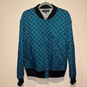 St John Printed Bomber Collar Teal Blue Green Size Medium Women’s Jacket